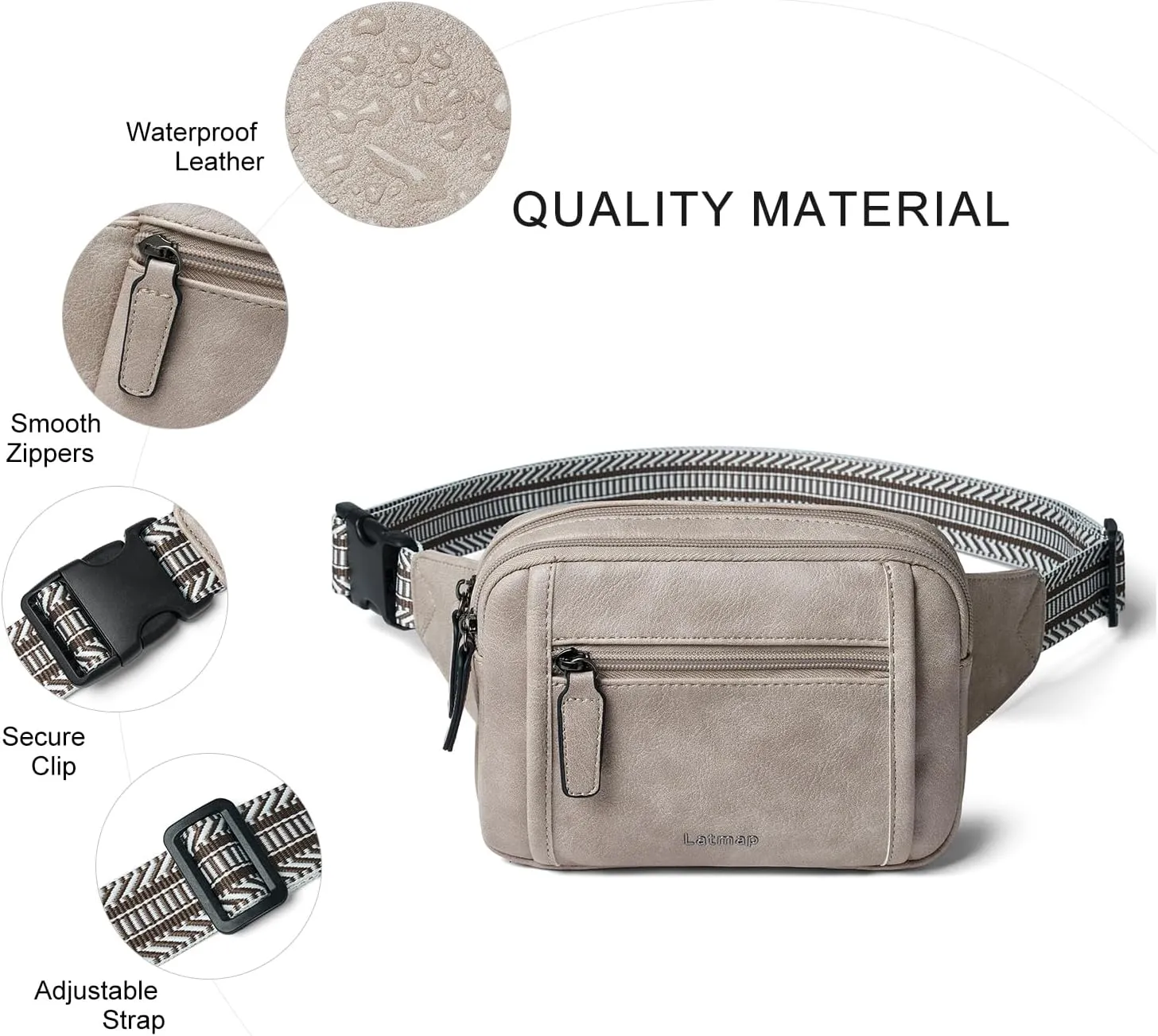 3L TRIPLE ZIP Fanny Packs Belt Bag For Women Men Crossbody Waist Pack Sling Chest Bum Travel Bag Purse Faux Leather Fashion Cute Grey