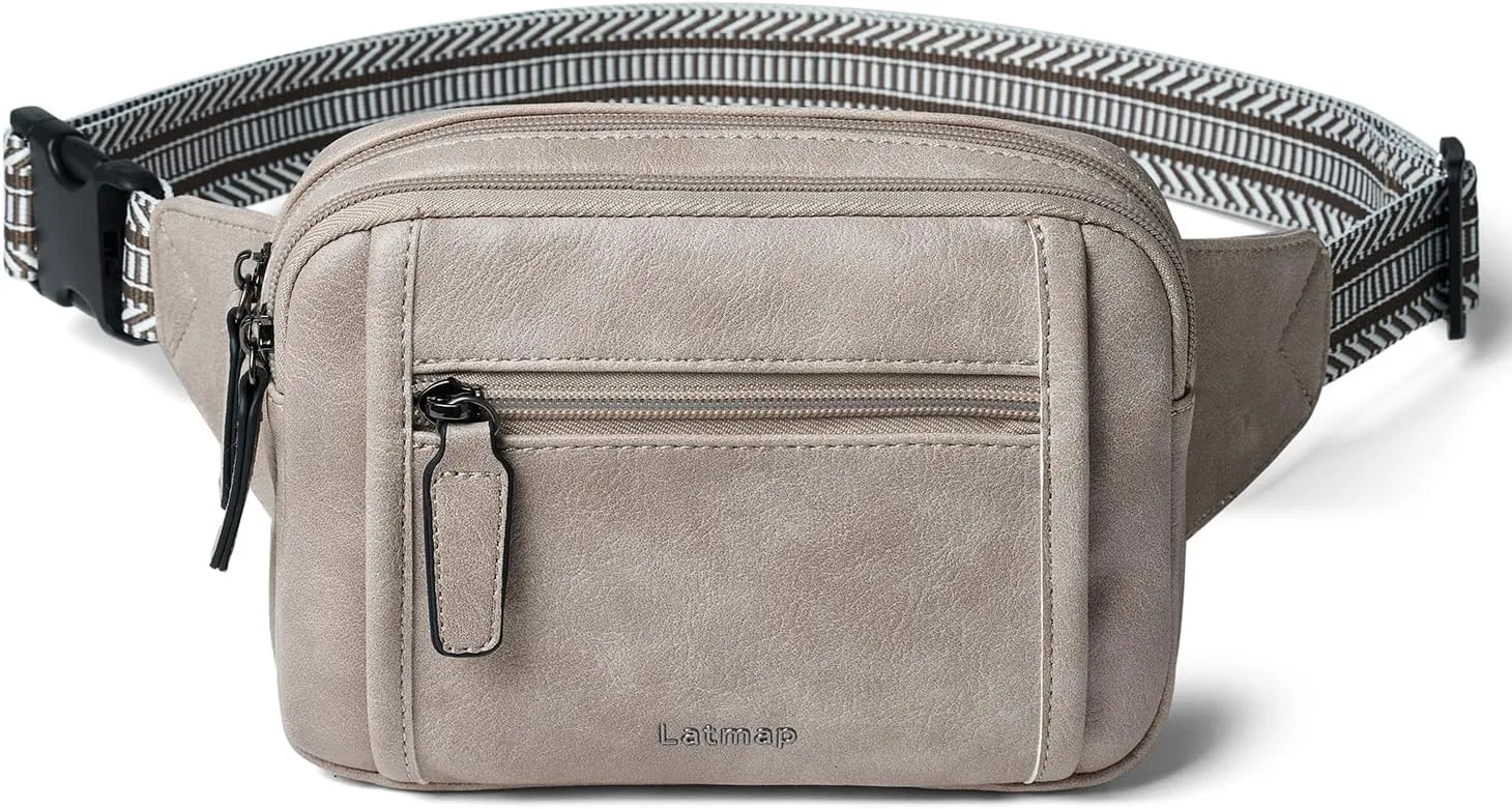 3L TRIPLE ZIP Fanny Packs Belt Bag For Women Men Crossbody Waist Pack Sling Chest Bum Travel Bag Purse Faux Leather Fashion Cute Grey
