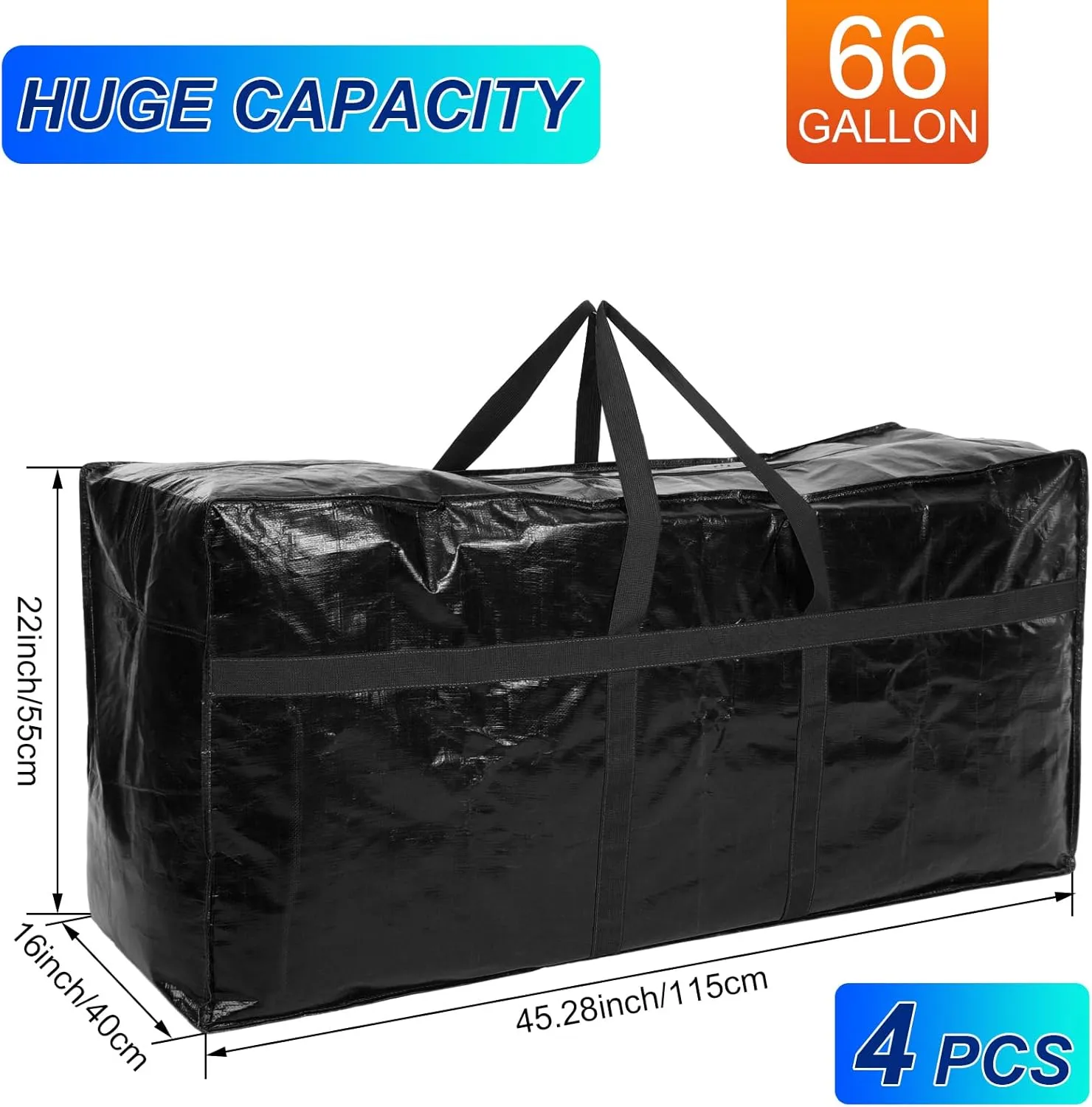 4 Pcs 66 Gallon Large Moving Bags with Zipper and Handles Foldable Storage Duffle Bags Heavy Duty Extra Large Totes for College Dorm Travel Clothes Blankets Bedding Moving(Black)