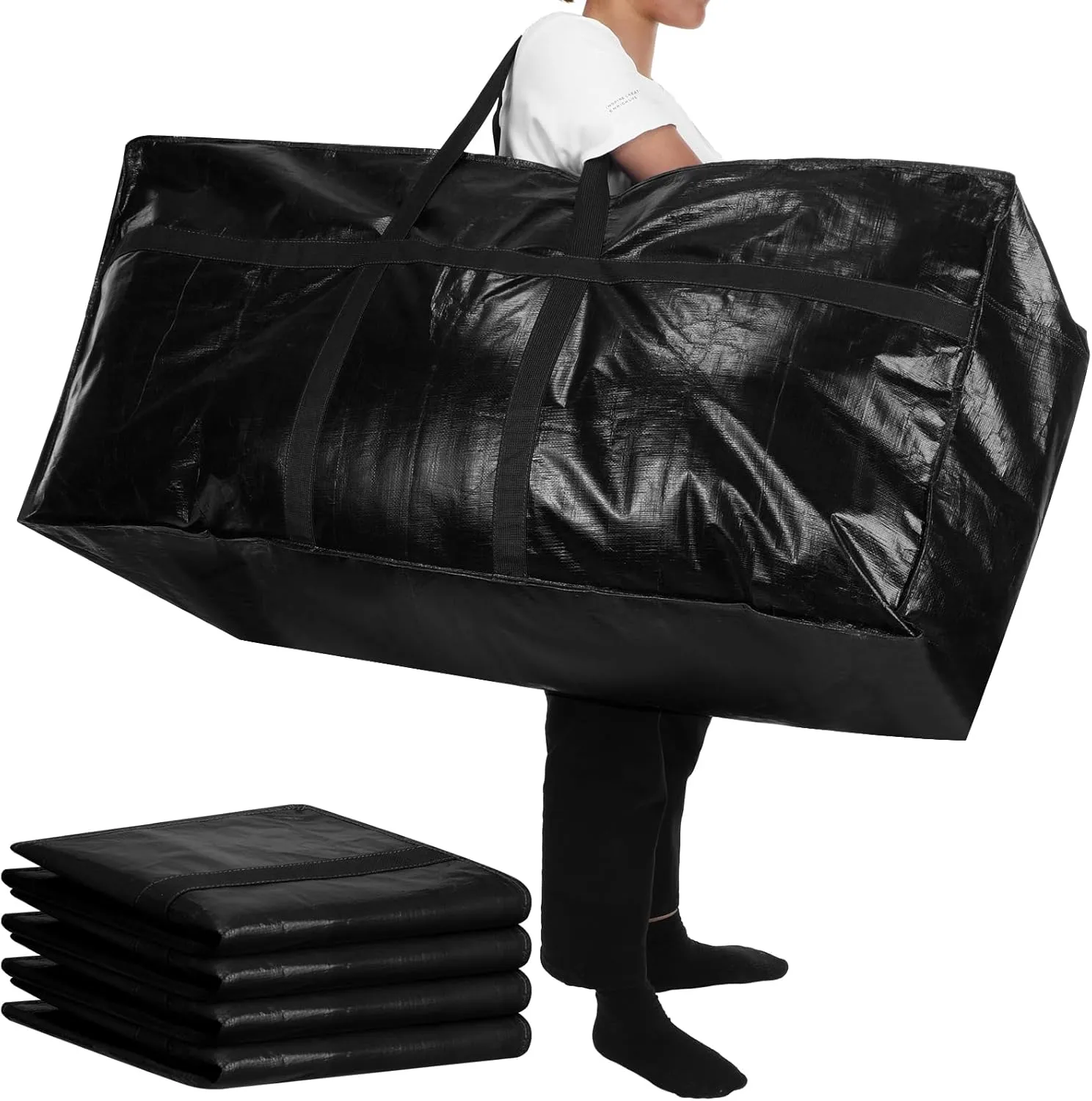 4 Pcs 66 Gallon Large Moving Bags with Zipper and Handles Foldable Storage Duffle Bags Heavy Duty Extra Large Totes for College Dorm Travel Clothes Blankets Bedding Moving(Black)
