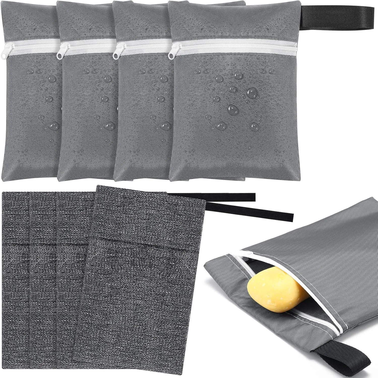 4 Pcs Travel Soap Bar Bag Waterproof & Leakproof Soap Dish Case with 4 Pcs Foaming Nets Multifunctional Toiletry Shower Gym Essentials Quick Dry Pouch for Camping Enthusiasts(Gray)