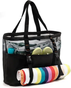 40L Mesh Beach Bag Tote with Zipper Drain Sand for Women Swimming Travel Black 17H 15W 8D inch