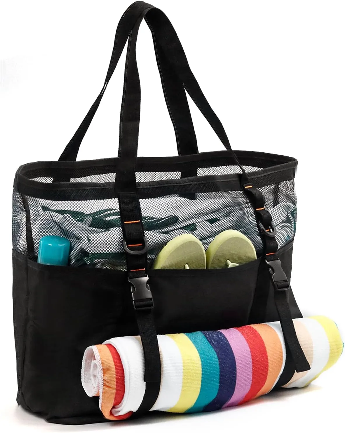 40L Mesh Beach Bag Tote with Zipper Drain Sand for Women Swimming Travel Black 17H 15W 8D inch