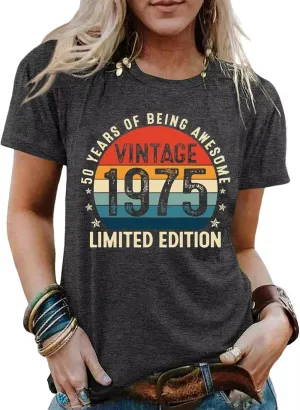 50th Birthday Gift Shirts Vintage 1975 Original Parts Tshirt for Women Letter Print Retro Birthday Casual Tee Tops