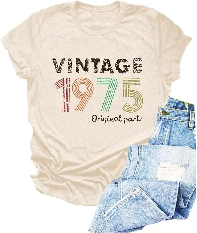 50th Birthday Gift Shirts Vintage 1975 Original Parts Tshirt for Women Letter Print Retro Birthday Casual Tee Tops