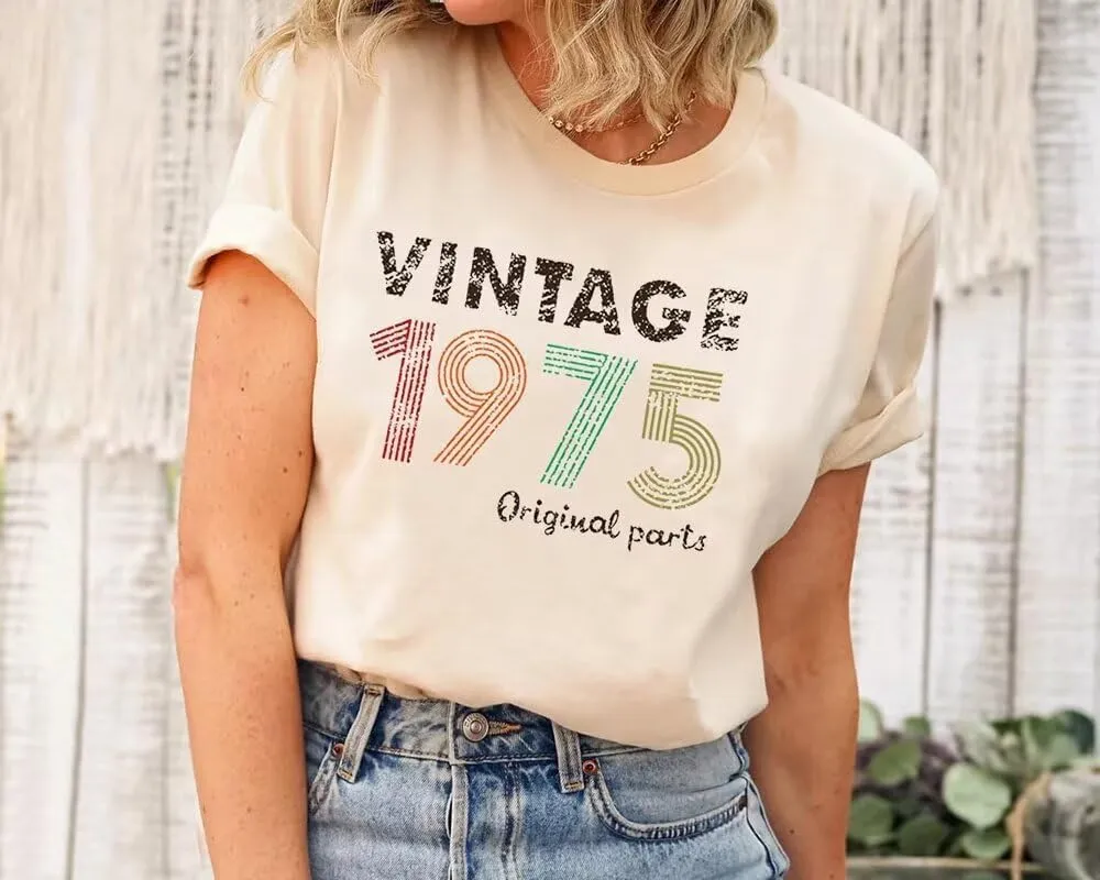 50th Birthday Gift Shirts Vintage 1975 Original Parts Tshirt for Women Letter Print Retro Birthday Casual Tee Tops