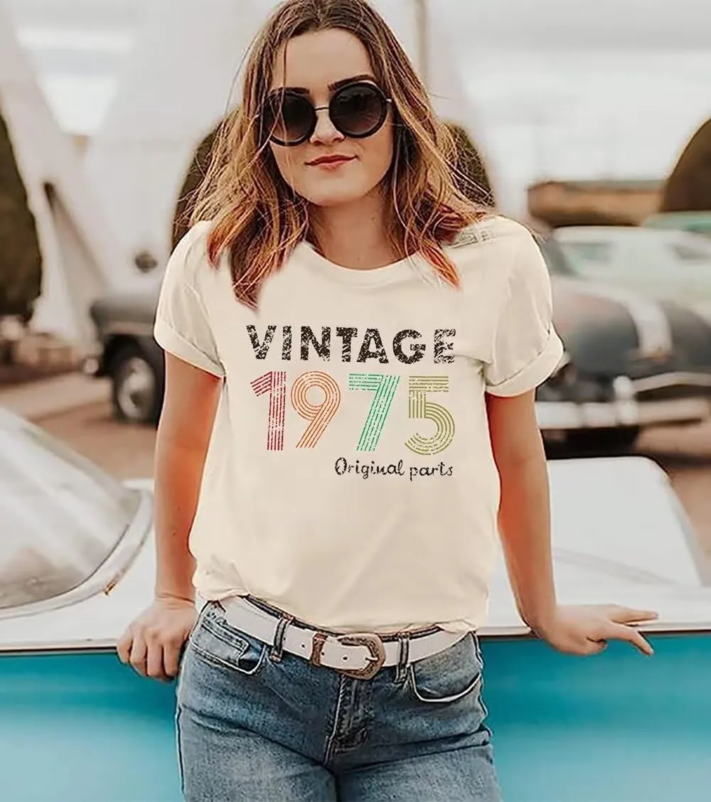 50th Birthday Gift Shirts Vintage 1975 Original Parts Tshirt for Women Letter Print Retro Birthday Casual Tee Tops