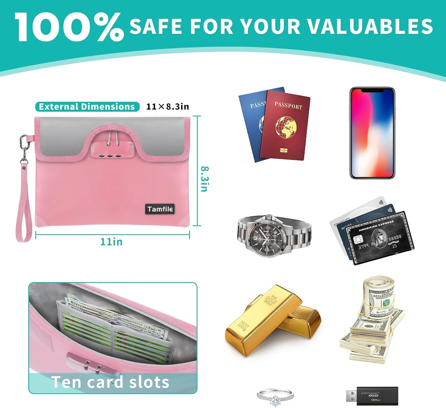 5200°F Fireproof Money Bag with Lock, Water Fireproof Document Bag with Zipper, 8 Layers Fire Insulation, Small Fireproof Safe Storage Pouch with Lock for Cash, Passport, (8.3" x 11", Pink)