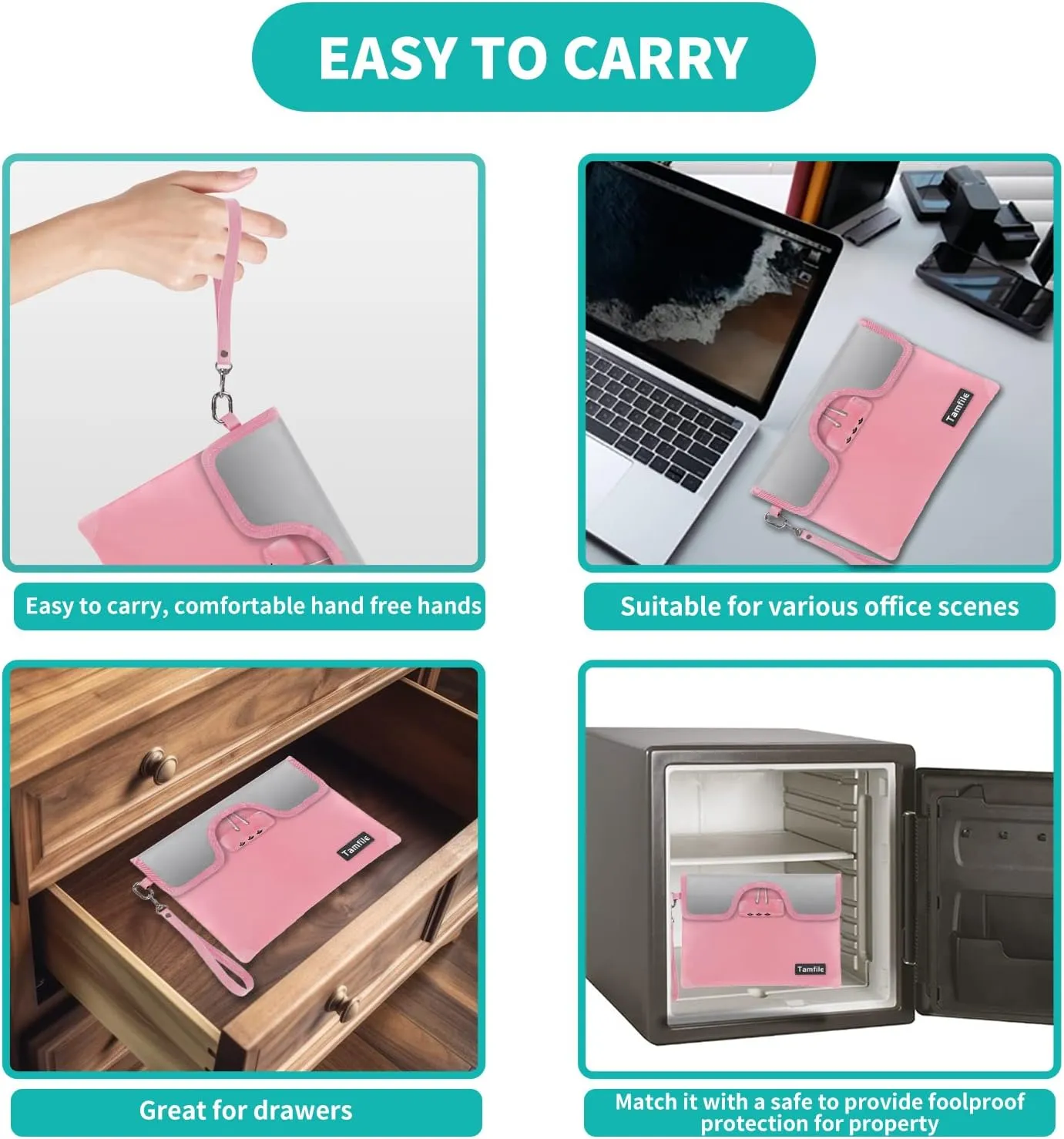 5200°F Fireproof Money Bag with Lock, Water Fireproof Document Bag with Zipper, 8 Layers Fire Insulation, Small Fireproof Safe Storage Pouch with Lock for Cash, Passport, (8.3" x 11", Pink)
