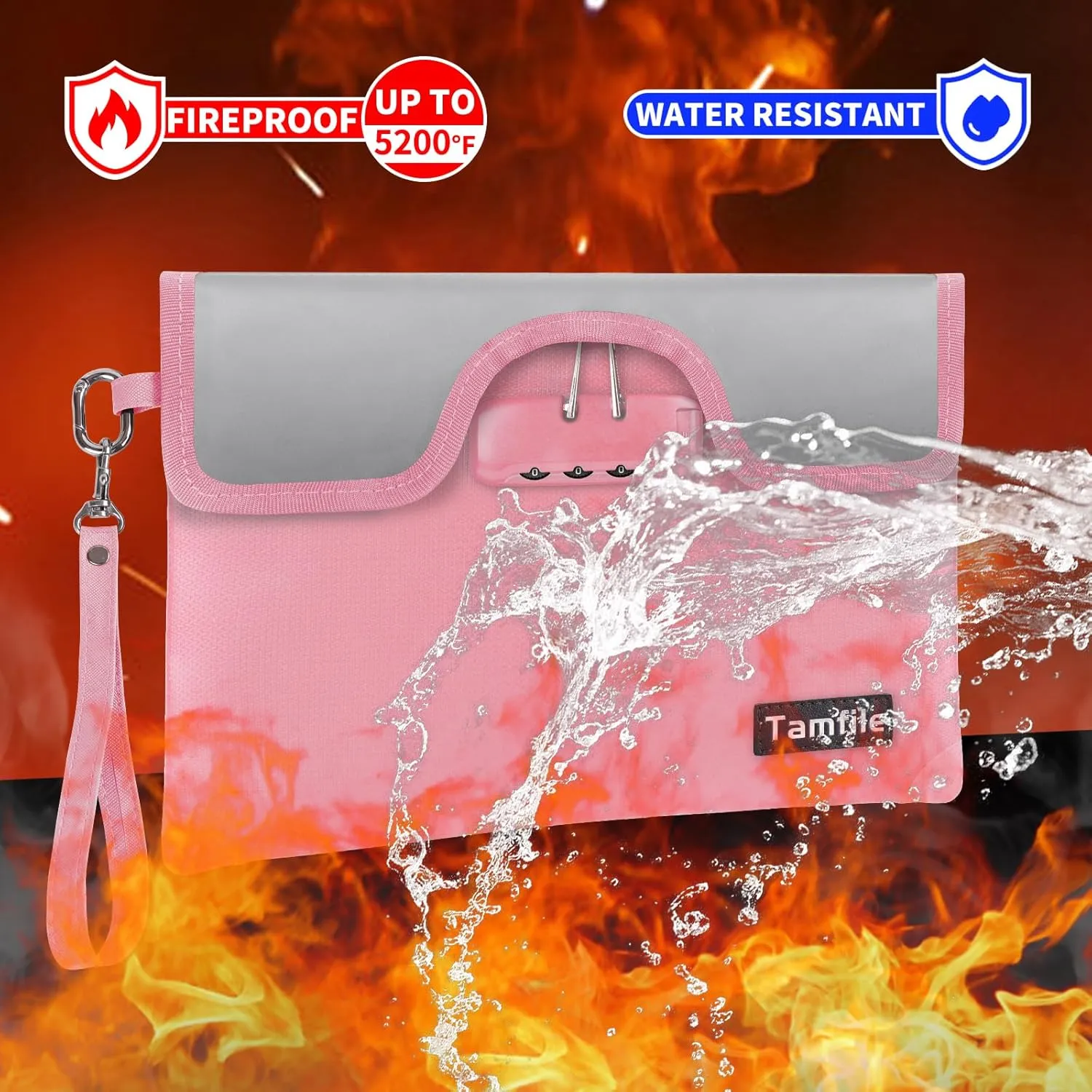 5200°F Fireproof Money Bag with Lock, Water Fireproof Document Bag with Zipper, 8 Layers Fire Insulation, Small Fireproof Safe Storage Pouch with Lock for Cash, Passport, (8.3" x 11", Pink)