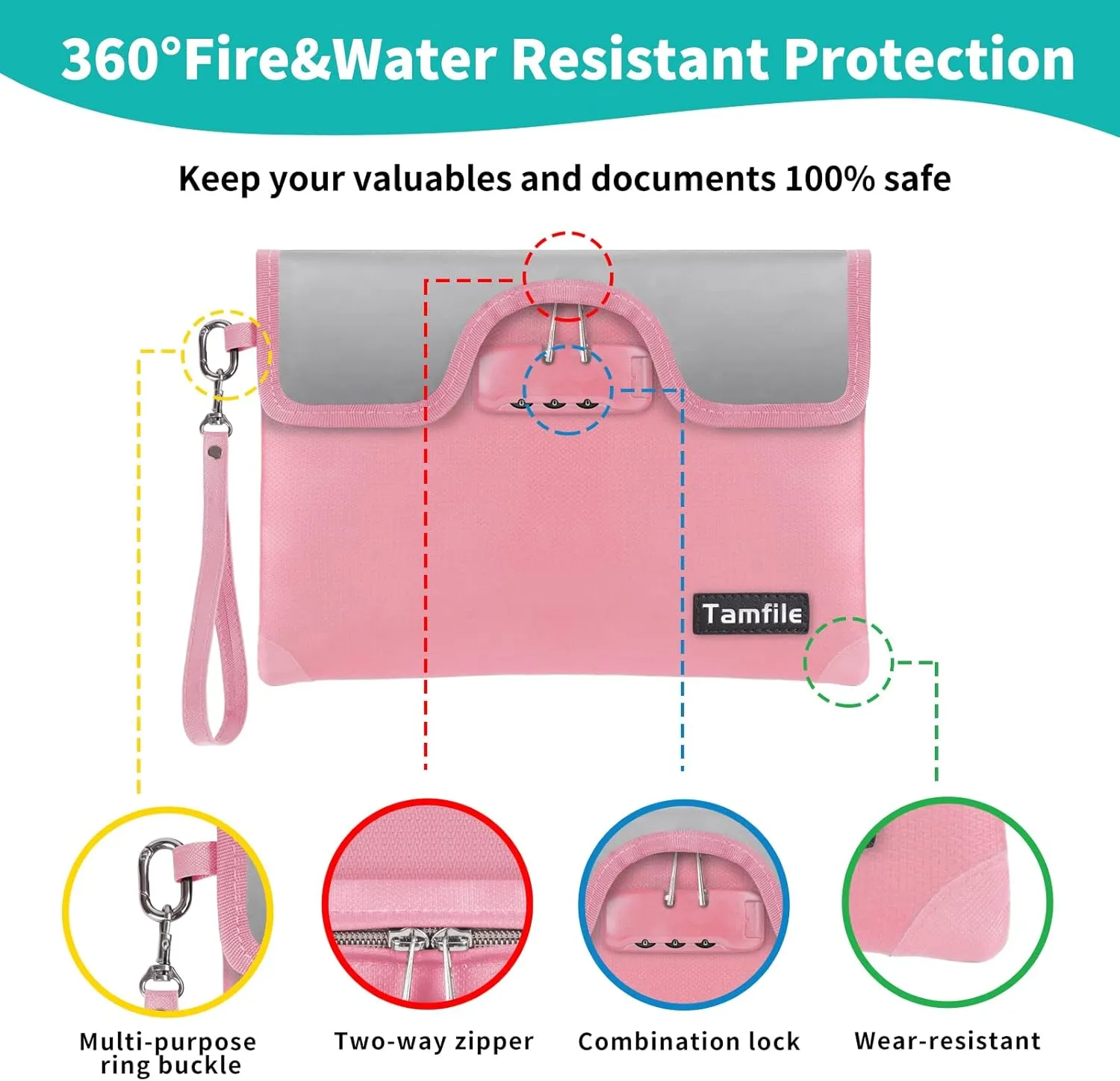 5200°F Fireproof Money Bag with Lock, Water Fireproof Document Bag with Zipper, 8 Layers Fire Insulation, Small Fireproof Safe Storage Pouch with Lock for Cash, Passport, (8.3" x 11", Pink)