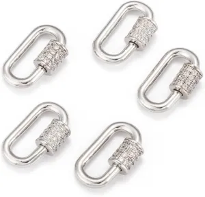 5Pcs Silver Screw Carabiner Lock Charms Brass Micro Pave Cubic Zirconia Oval Quick Links Clasp for Jewelry Making