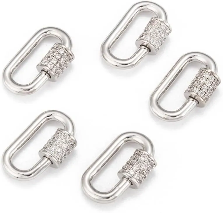 5Pcs Silver Screw Carabiner Lock Charms Brass Micro Pave Cubic Zirconia Oval Quick Links Clasp for Jewelry Making