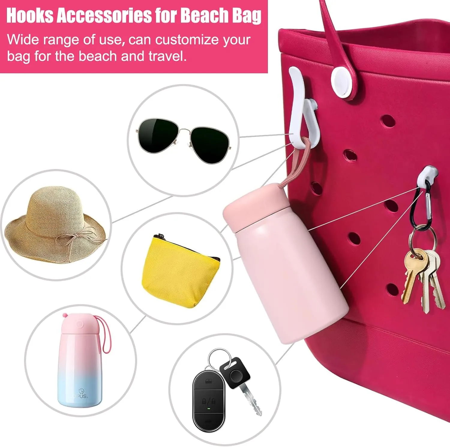 6 PCS Beach Bag Organizer Accessories for Bogg Bag X Large Storage Bag with Phone Holder and Hooks Carabiner Key Holder for Organizing and Divide Space (White Organizer Set)