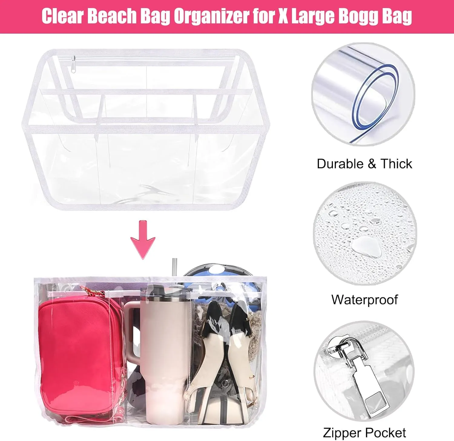 6 PCS Beach Bag Organizer Accessories for Bogg Bag X Large Storage Bag with Phone Holder and Hooks Carabiner Key Holder for Organizing and Divide Space (White Organizer Set)