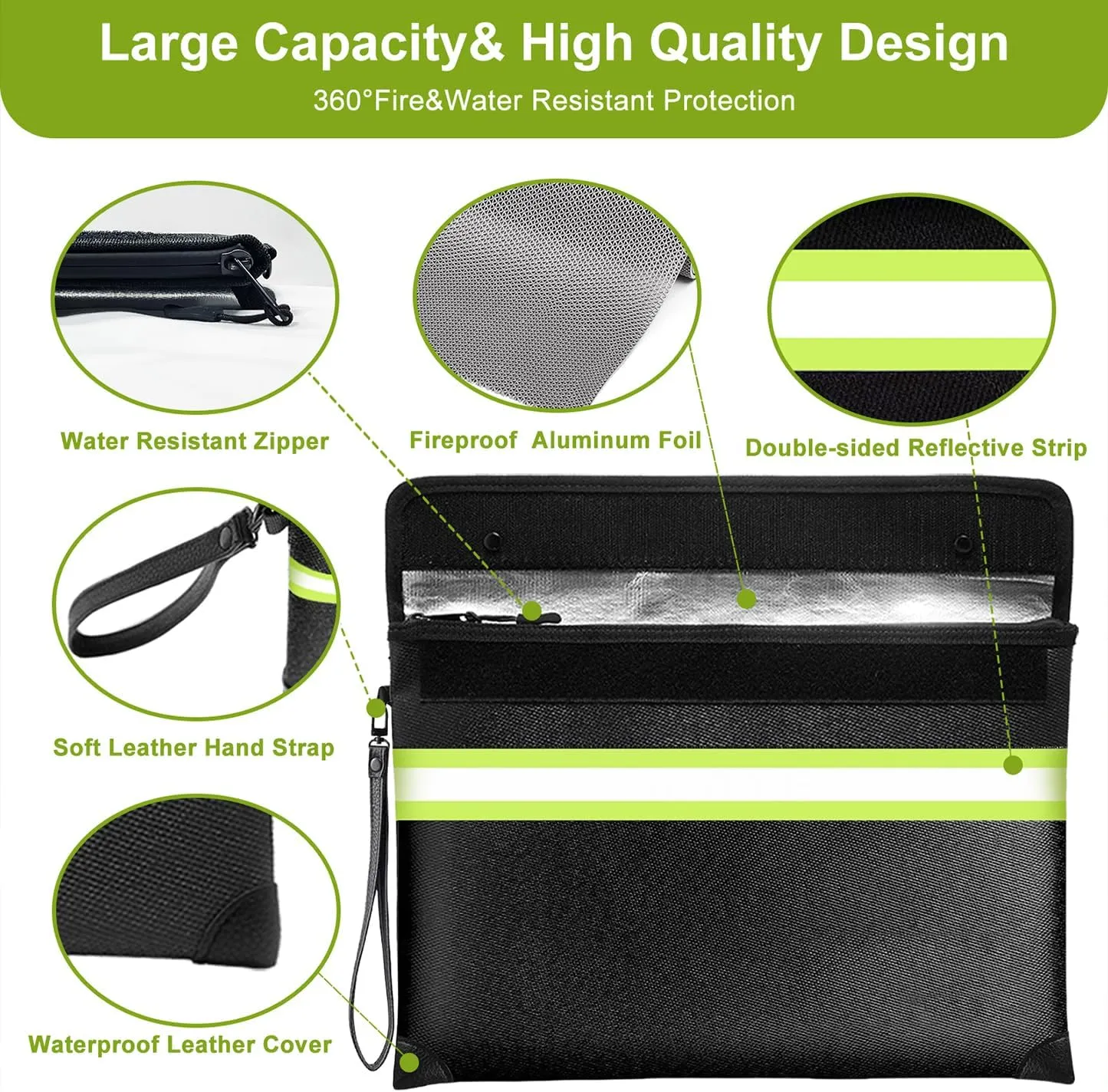 6500°F Fireproof Document Bag,Upgraded Fireproof Money Bag with Waterproof Zipper,10 Layers Heat Insulated Materials/Reflective Strip with Handle for Important Documents