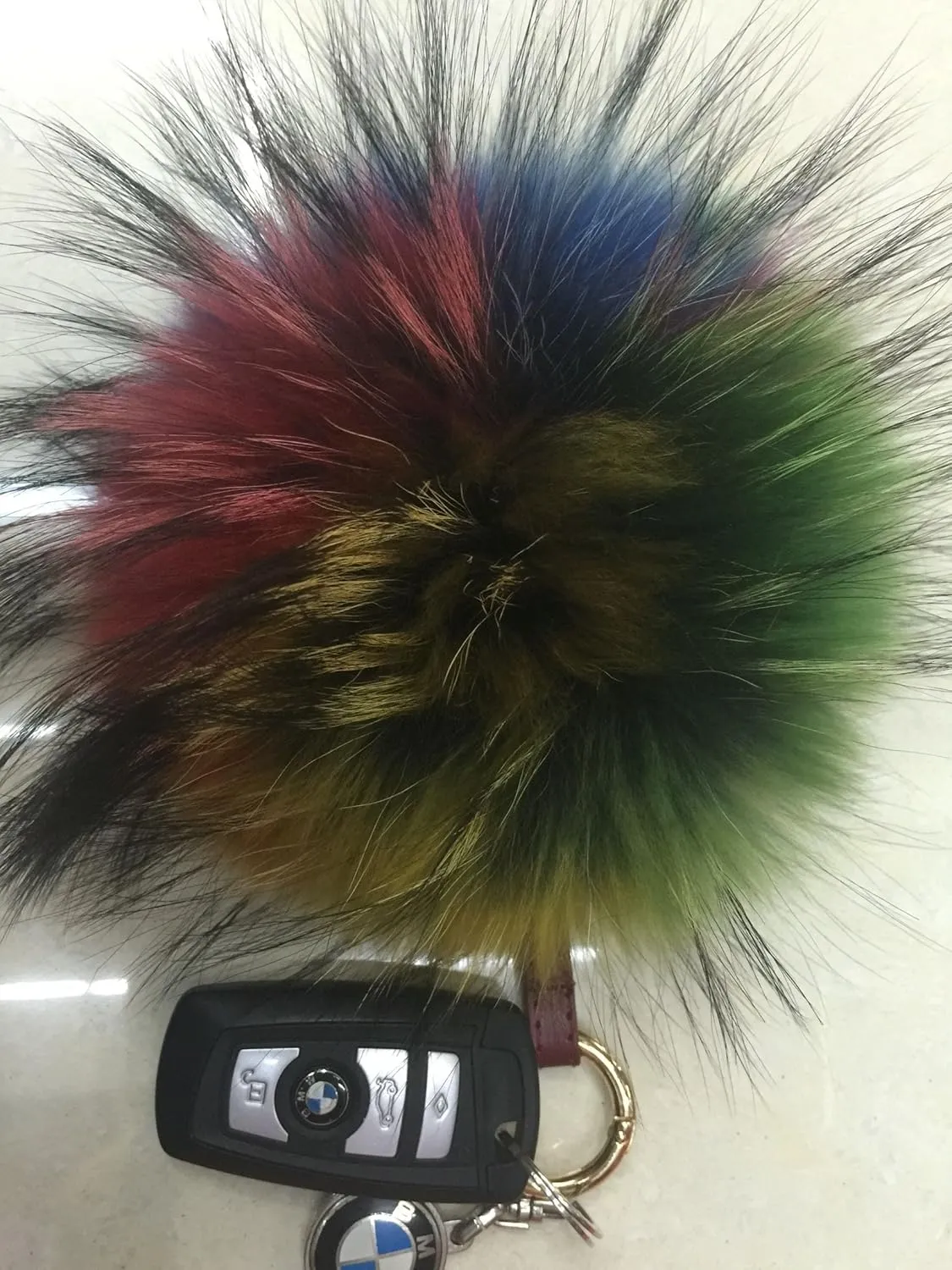 6" Large Fluffy Genuine Fur Pom Pom Keychain Puffy Ball Car Keyring/Bag Purse Charm (multicoloured)