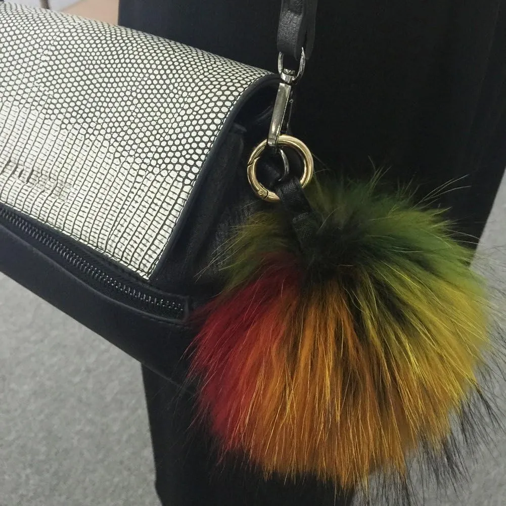 6" Large Fluffy Genuine Fur Pom Pom Keychain Puffy Ball Car Keyring/Bag Purse Charm (multicoloured)