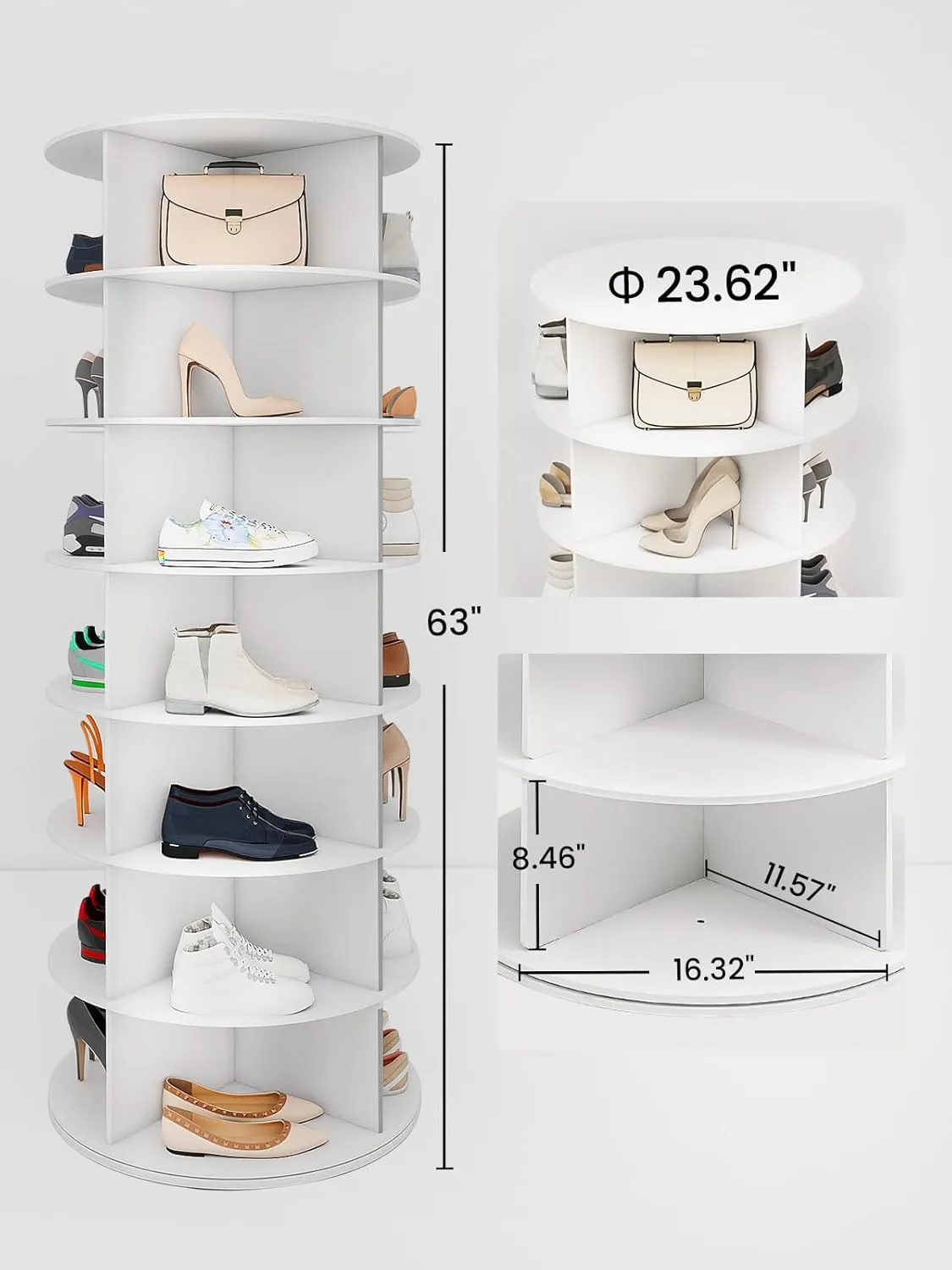 7 Tier Rotating Shoe Rack Tower 28 Shelves, 360° Spinning Display Lazy Susan Organizer, Carousel for Hats & Handbags, Easy Assembly, Includes 4 PCS Double-Layer Shoe Racks, White
