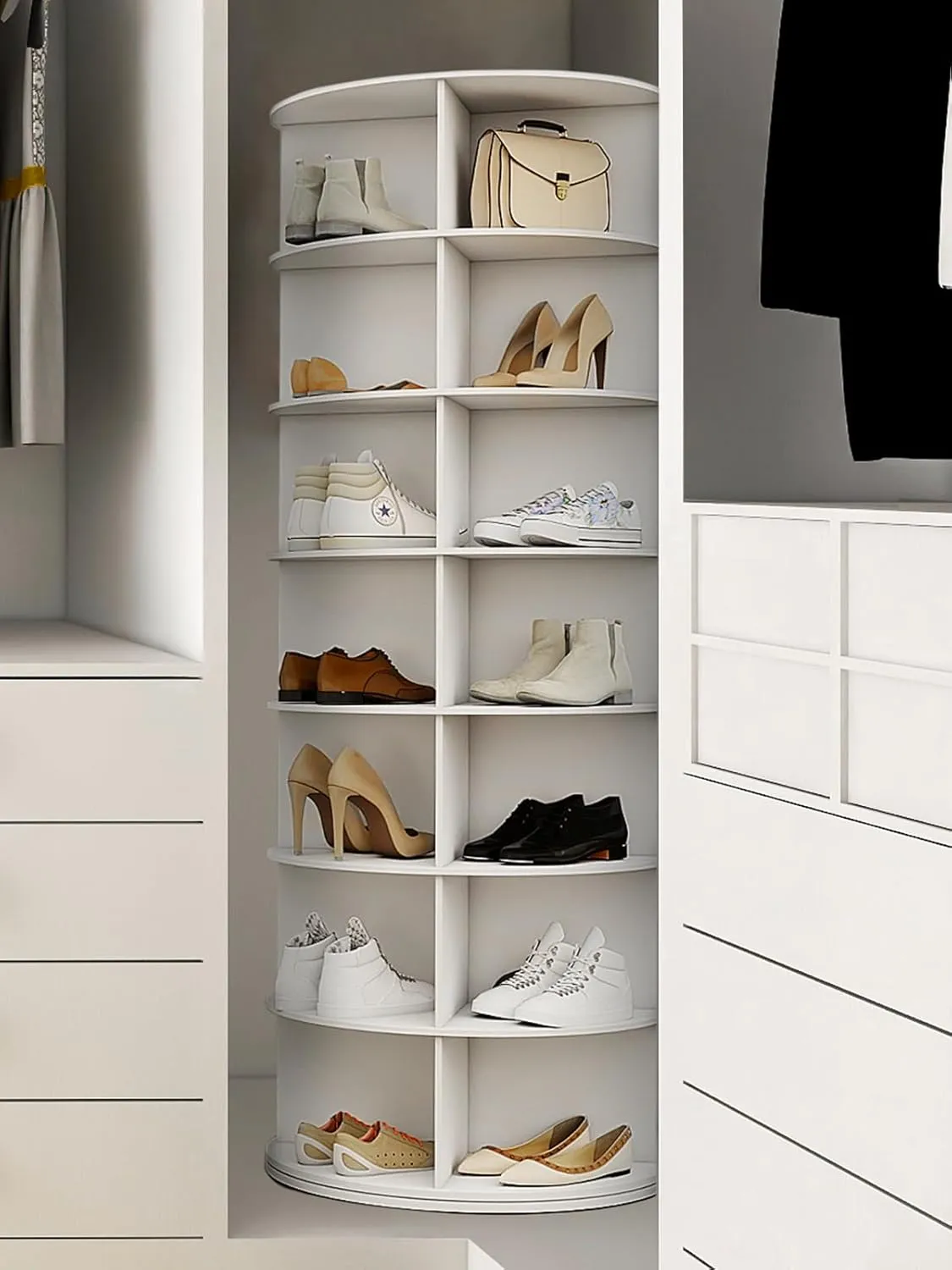 7 Tier Rotating Shoe Rack Tower 28 Shelves, 360° Spinning Display Lazy Susan Organizer, Carousel for Hats & Handbags, Easy Assembly, Includes 4 PCS Double-Layer Shoe Racks, White