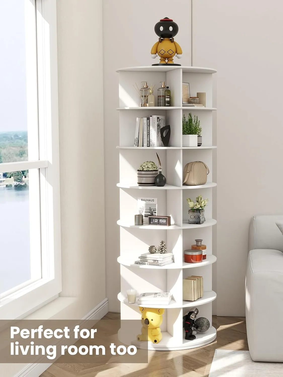 7 Tier Rotating Shoe Rack Tower 28 Shelves, 360° Spinning Display Lazy Susan Organizer, Carousel for Hats & Handbags, Easy Assembly, Includes 4 PCS Double-Layer Shoe Racks, White