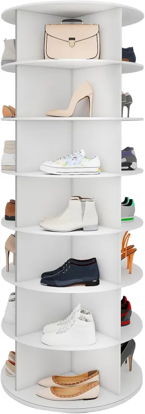 7 Tier Rotating Shoe Rack Tower 28 Shelves, 360° Spinning Display Lazy Susan Organizer, Carousel for Hats & Handbags, Easy Assembly, Includes 4 PCS Double-Layer Shoe Racks, White