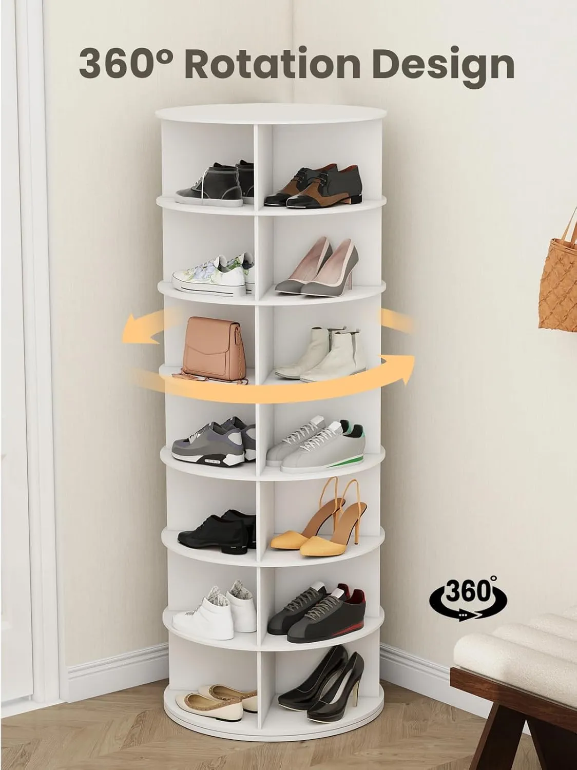 7 Tier Rotating Shoe Rack Tower 28 Shelves, 360° Spinning Display Lazy Susan Organizer, Carousel for Hats & Handbags, Easy Assembly, Includes 4 PCS Double-Layer Shoe Racks, White