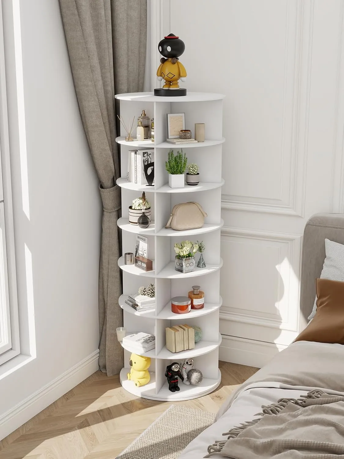 7 Tier Rotating Shoe Rack Tower 28 Shelves, 360° Spinning Display Lazy Susan Organizer, Carousel for Hats & Handbags, Easy Assembly, Includes 4 PCS Double-Layer Shoe Racks, White