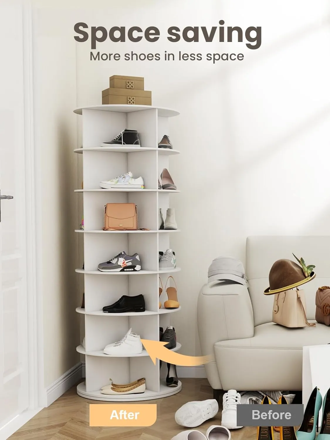 7 Tier Rotating Shoe Rack Tower 28 Shelves, 360° Spinning Display Lazy Susan Organizer, Carousel for Hats & Handbags, Easy Assembly, Includes 4 PCS Double-Layer Shoe Racks, White