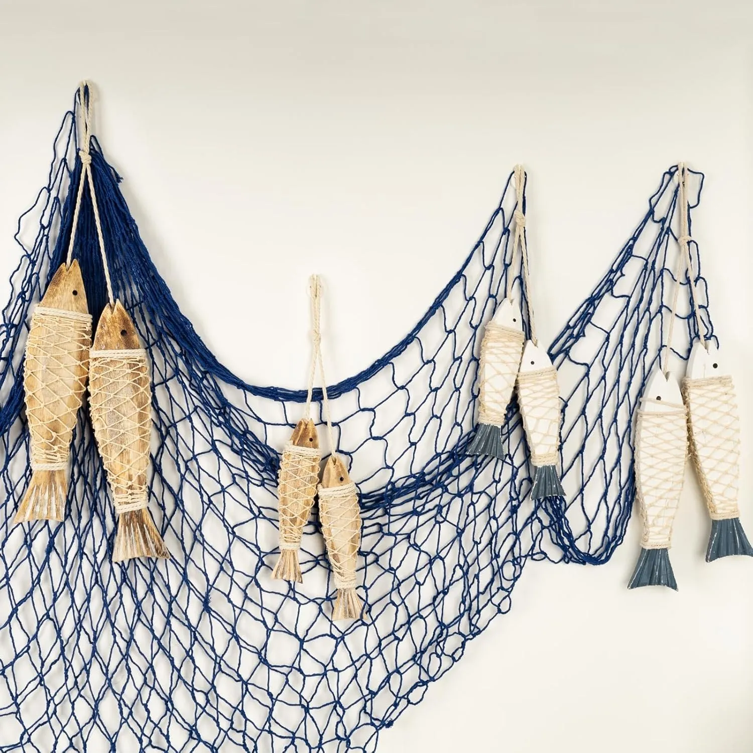 8 Pack Hand Carved Antique Wood Fish Sculpture Decor Ornament with Fishnet, Wooden Nautical Beach Theme Wall Art Hanging Fishing Net Decorations for DIY Party, Lake House, Bathroom Bedroom Blue