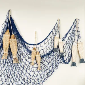 8 Pack Hand Carved Antique Wood Fish Sculpture Decor Ornament with Fishnet, Wooden Nautical Beach Theme Wall Art Hanging Fishing Net Decorations for DIY Party, Lake House, Bathroom Bedroom Blue