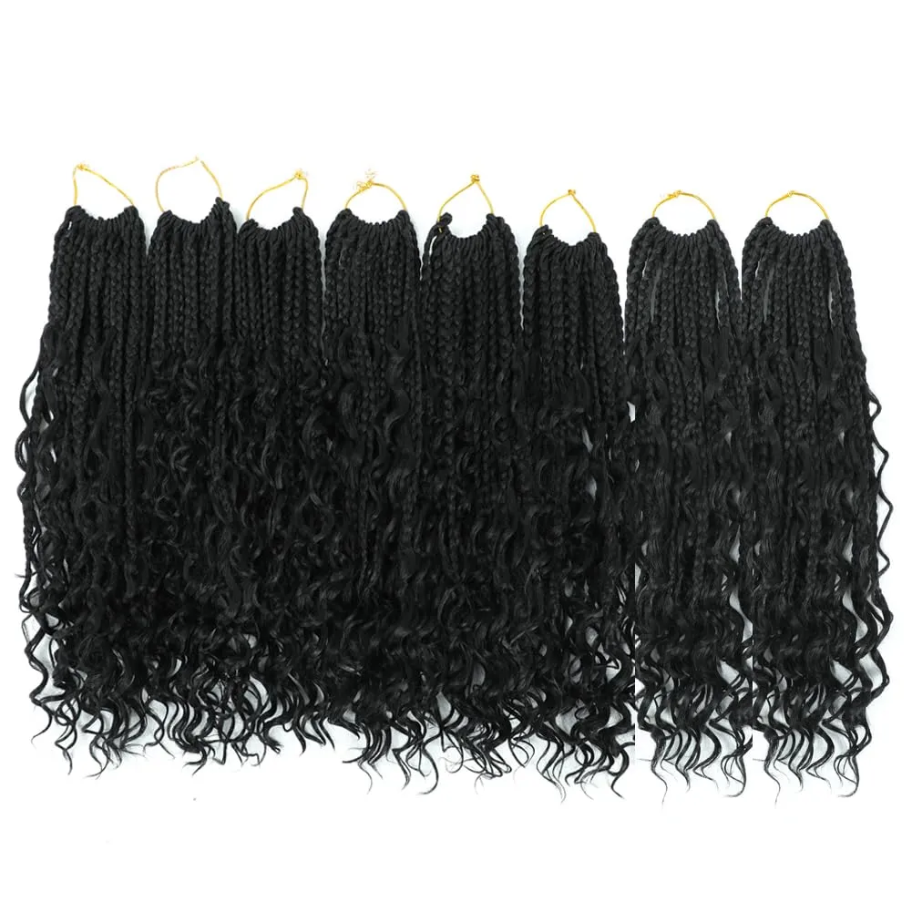 8 Packs Boho Box Braids Crochet Hair 14 Inch Bohemian Box Braids With Curly Ends Braiding Hair Extensions Ombre Goddess Synthetic Crochet Braids For Women (1B, 14 inch)