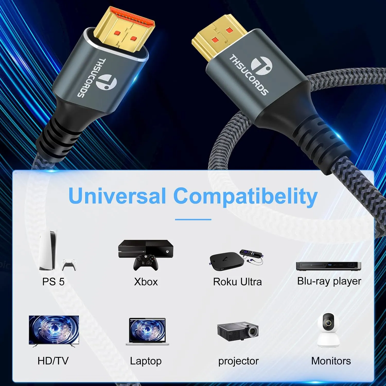 8K 4K HDMI Cables 3.3FT 2 Pack, High Speed Braided HDMI to HDMI 2.1 Cord Supports 8K@60Hz,4K@120Hz 144Hz 48Gbps Compatible with Roku TV/PS5/HDTV/Blu-ray