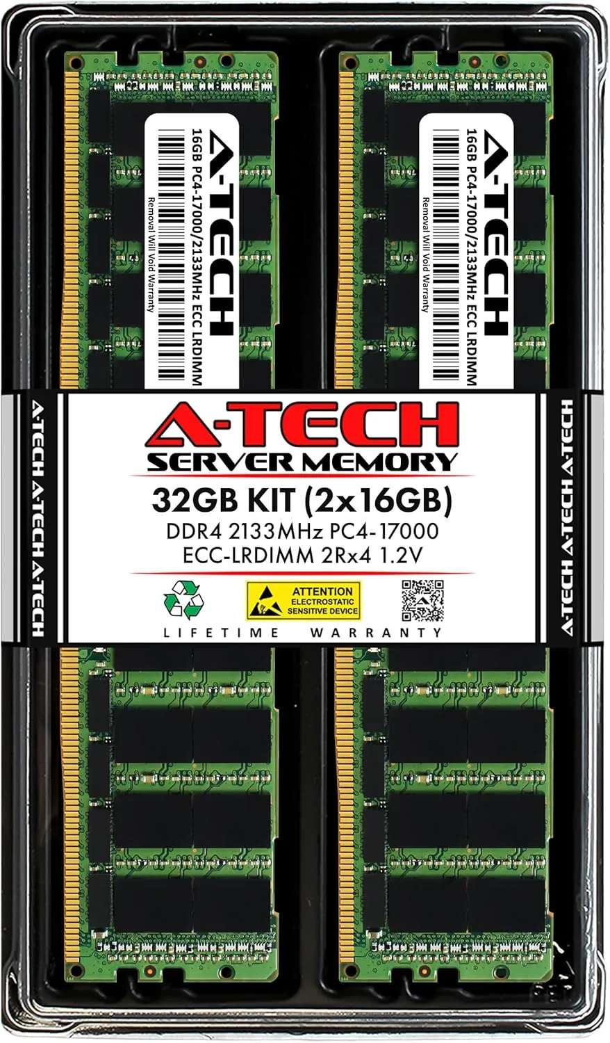A-Tech 32GB Kit (2x16GB) DDR4 2133MHz PC4-17000 ECC LRDIMM 2Rx4 Dual Rank 1.2V Load Reduced DIMM 288-Pin Server RAM Memory Upgrade Modules (A-Tech Enterprise Series)