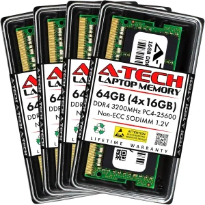 A-Tech 64GB (4x16GB) DDR4 3200 MHz SODIMM PC4-25600 (PC4-3200AA) CL22 Non-ECC Laptop RAM Memory Modules