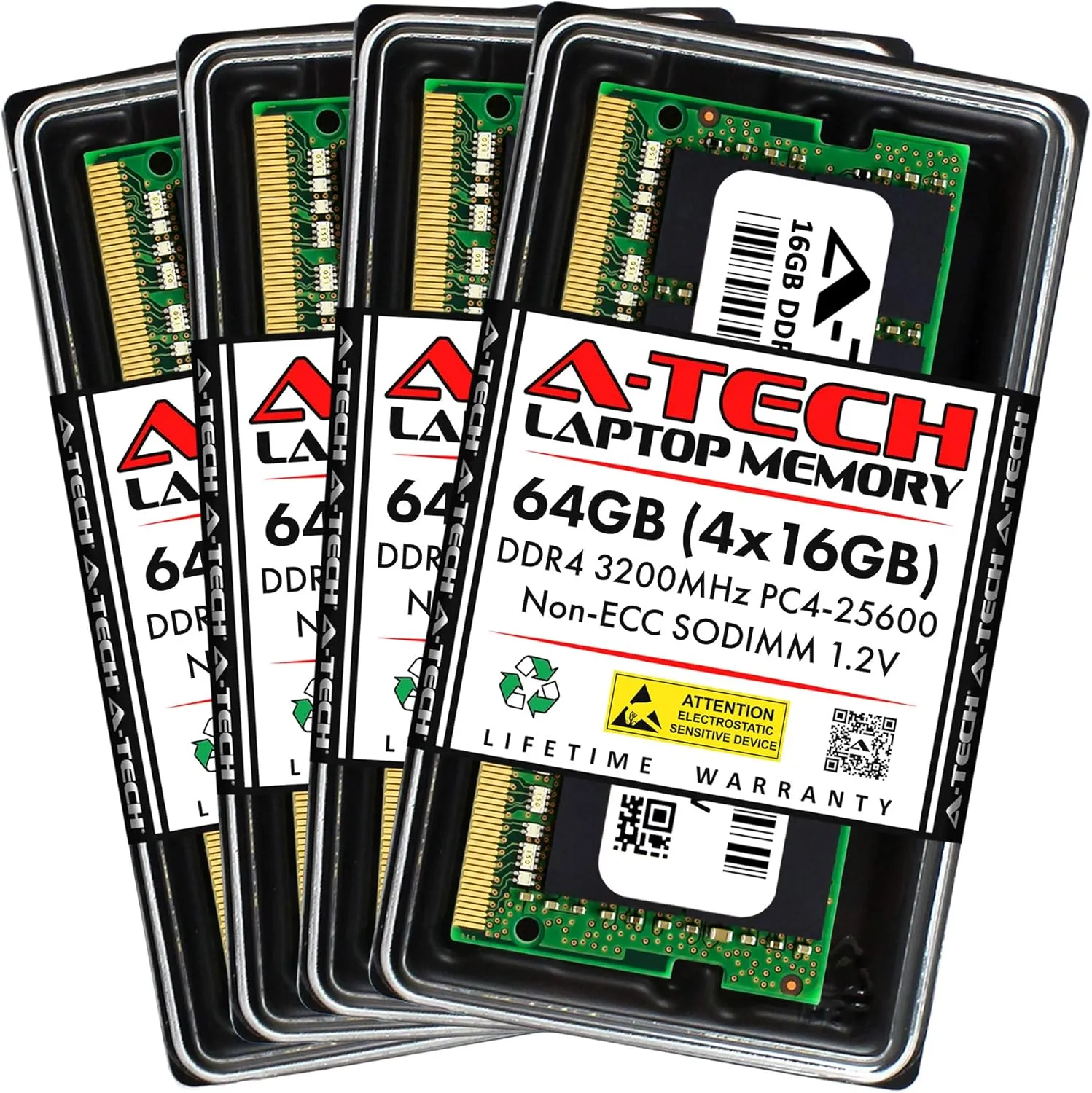 A-Tech 64GB (4x16GB) DDR4 3200 MHz SODIMM PC4-25600 (PC4-3200AA) CL22 Non-ECC Laptop RAM Memory Modules