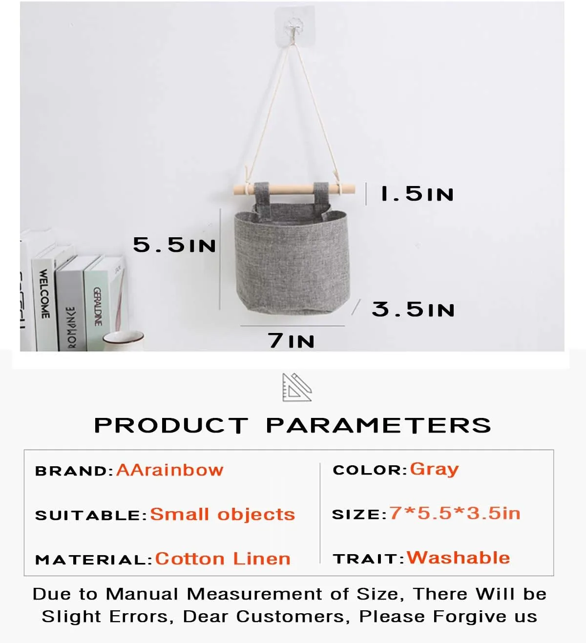 AARAINBOW 1 Pack Mini Cotton Linen Fabric Closet Washable Hanging Storage Bag with 5 Pockets Over The Wall Door Organizer for Room Bathroom (Gray)