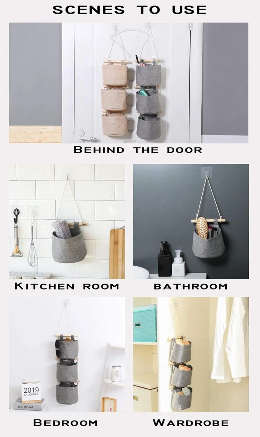 AARAINBOW 1 Pack Mini Cotton Linen Fabric Closet Washable Hanging Storage Bag with 5 Pockets Over The Wall Door Organizer for Room Bathroom (Gray)