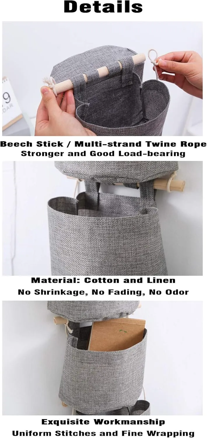 AARAINBOW 1 Pack Mini Cotton Linen Fabric Closet Washable Hanging Storage Bag with 5 Pockets Over The Wall Door Organizer for Room Bathroom (Gray)