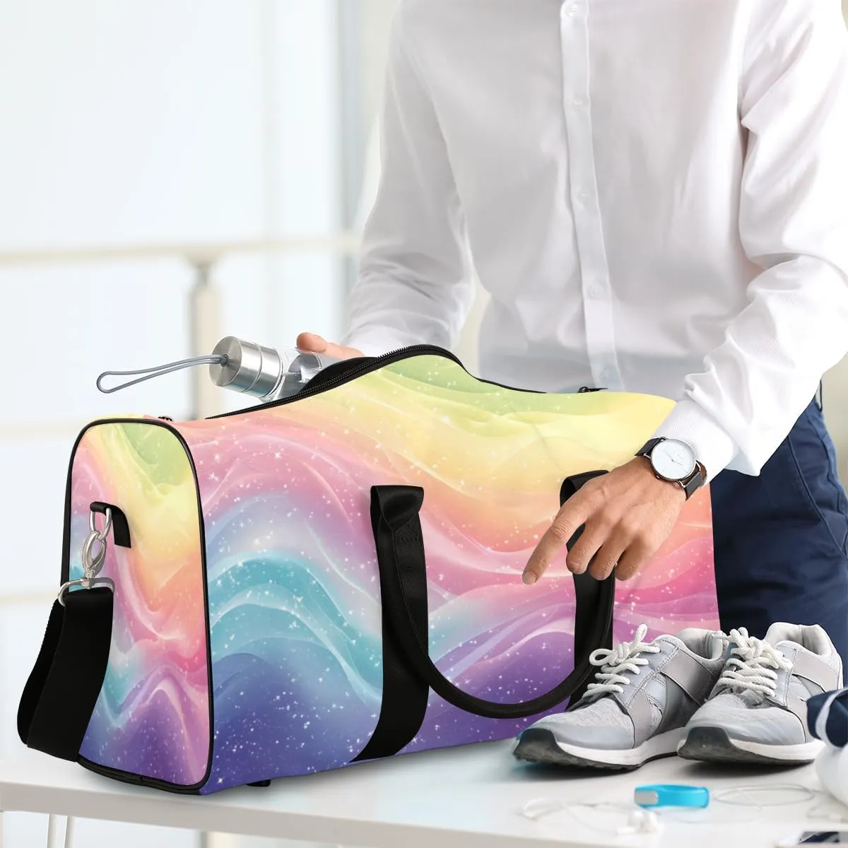 Abstract Rainbow Travel Duffle Bag, Sports Gym Bags for Women Men, Carry On Weekender Overnight Bag, Boho Colorful Multicolour Workout Hospital Airplane Trips Bag