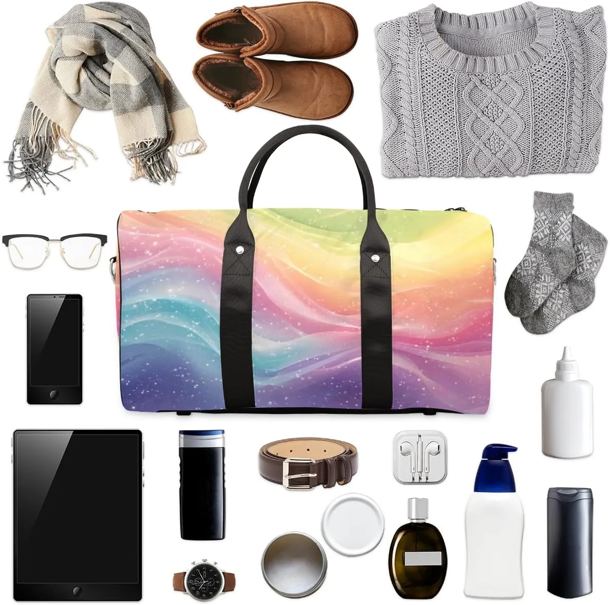 Abstract Rainbow Travel Duffle Bag, Sports Gym Bags for Women Men, Carry On Weekender Overnight Bag, Boho Colorful Multicolour Workout Hospital Airplane Trips Bag