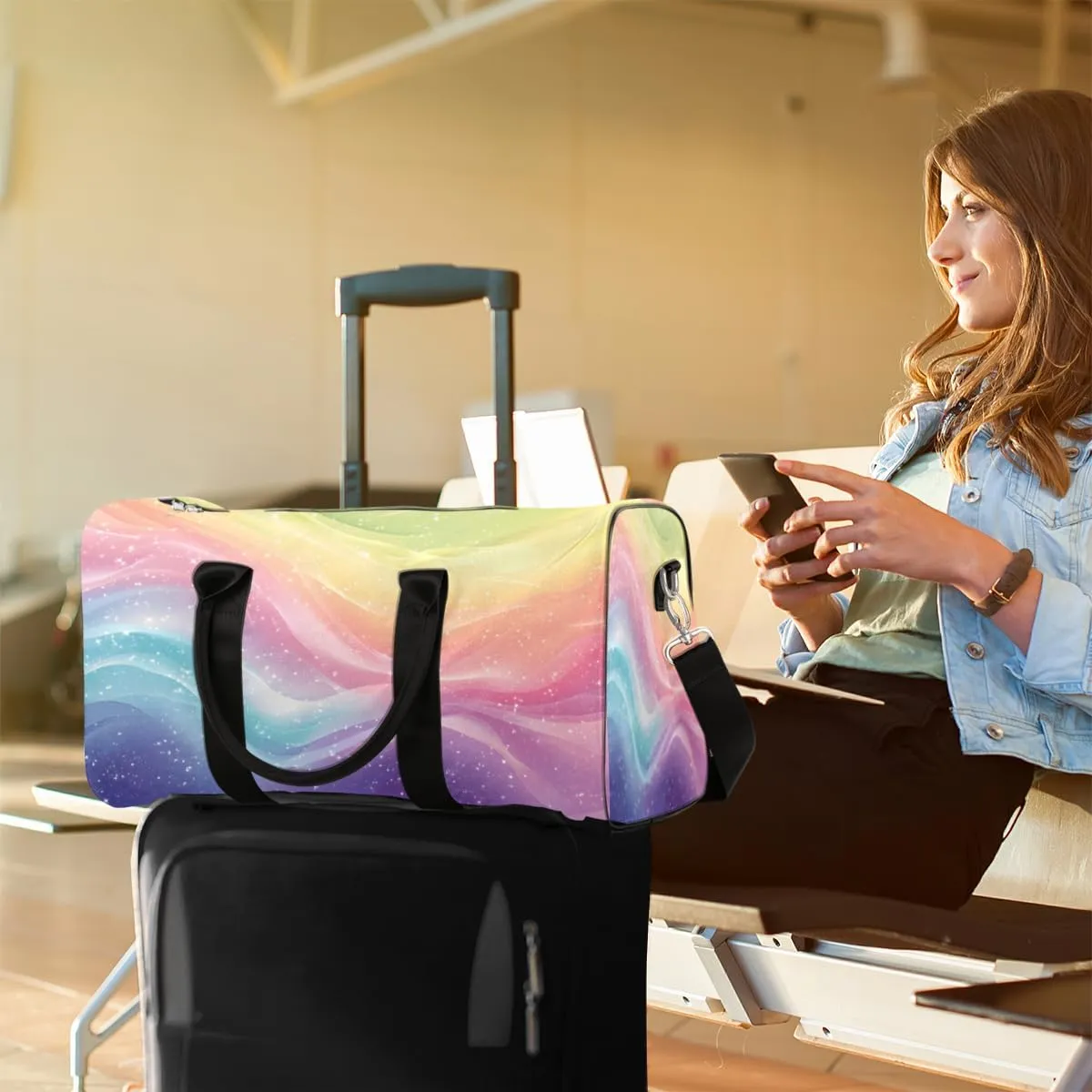 Abstract Rainbow Travel Duffle Bag, Sports Gym Bags for Women Men, Carry On Weekender Overnight Bag, Boho Colorful Multicolour Workout Hospital Airplane Trips Bag
