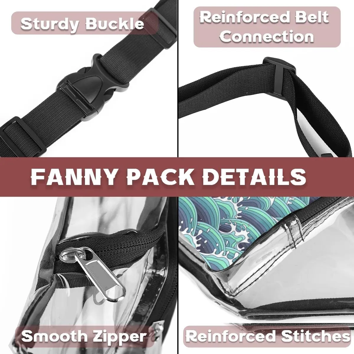 Abstract Waves Clear Fanny Pack Stadium Approved Clear Crossbody Belt Bag for Women Men Transparent Waist Bag with Adjustable Strap for Concerts Sports Events Travel