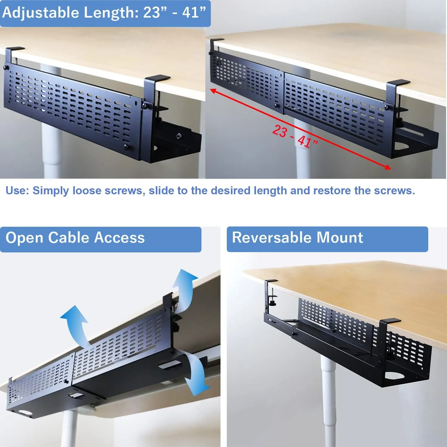 AEONS Under Desk Cable Management Tray Kit - Horizontal Adjustable up to 41' Desk Organizer with Removable C Clamp Mount, Reversible Computer Cord Raceway and Modesty Panel, Black
