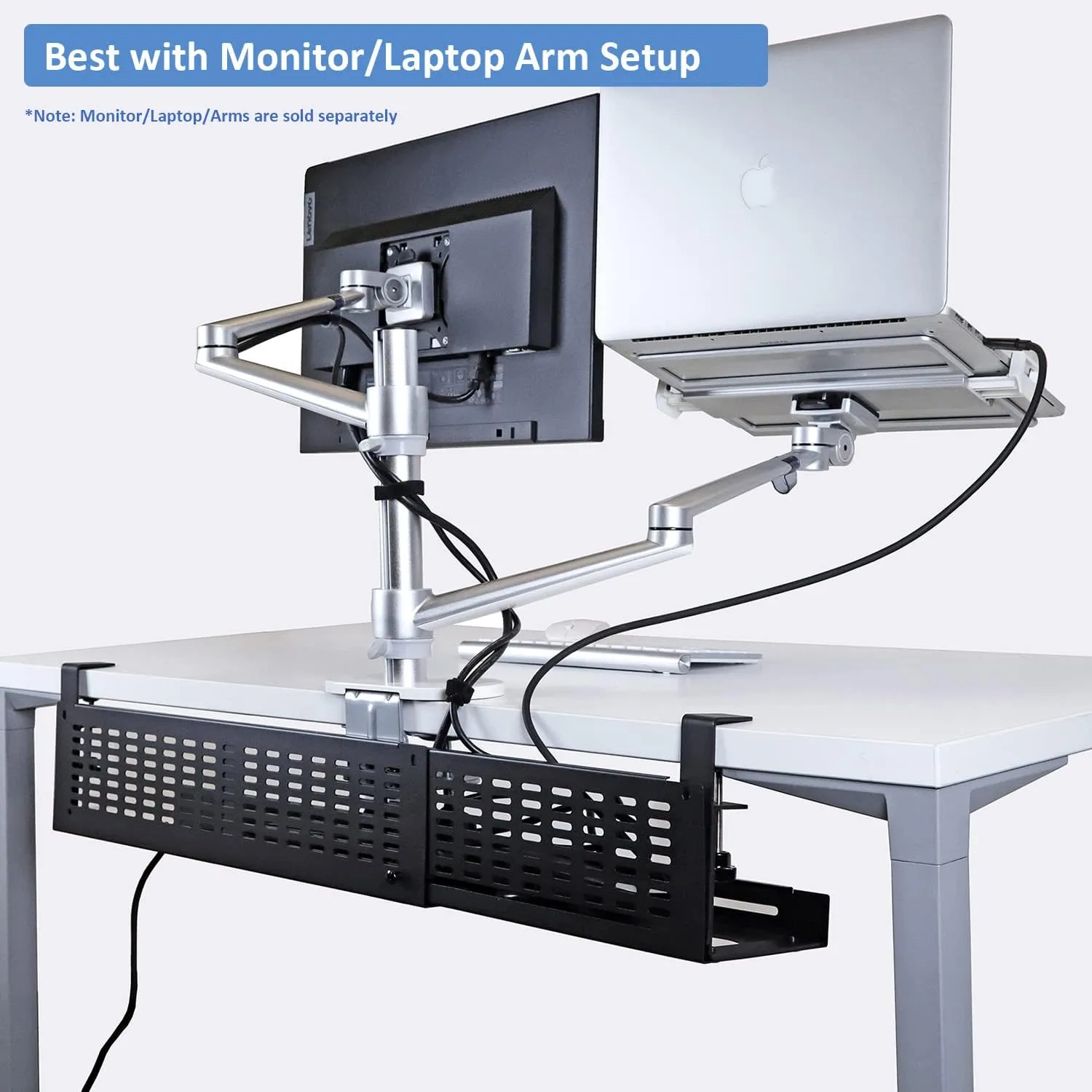 AEONS Under Desk Cable Management Tray Kit - Horizontal Adjustable up to 41' Desk Organizer with Removable C Clamp Mount, Reversible Computer Cord Raceway and Modesty Panel, Black