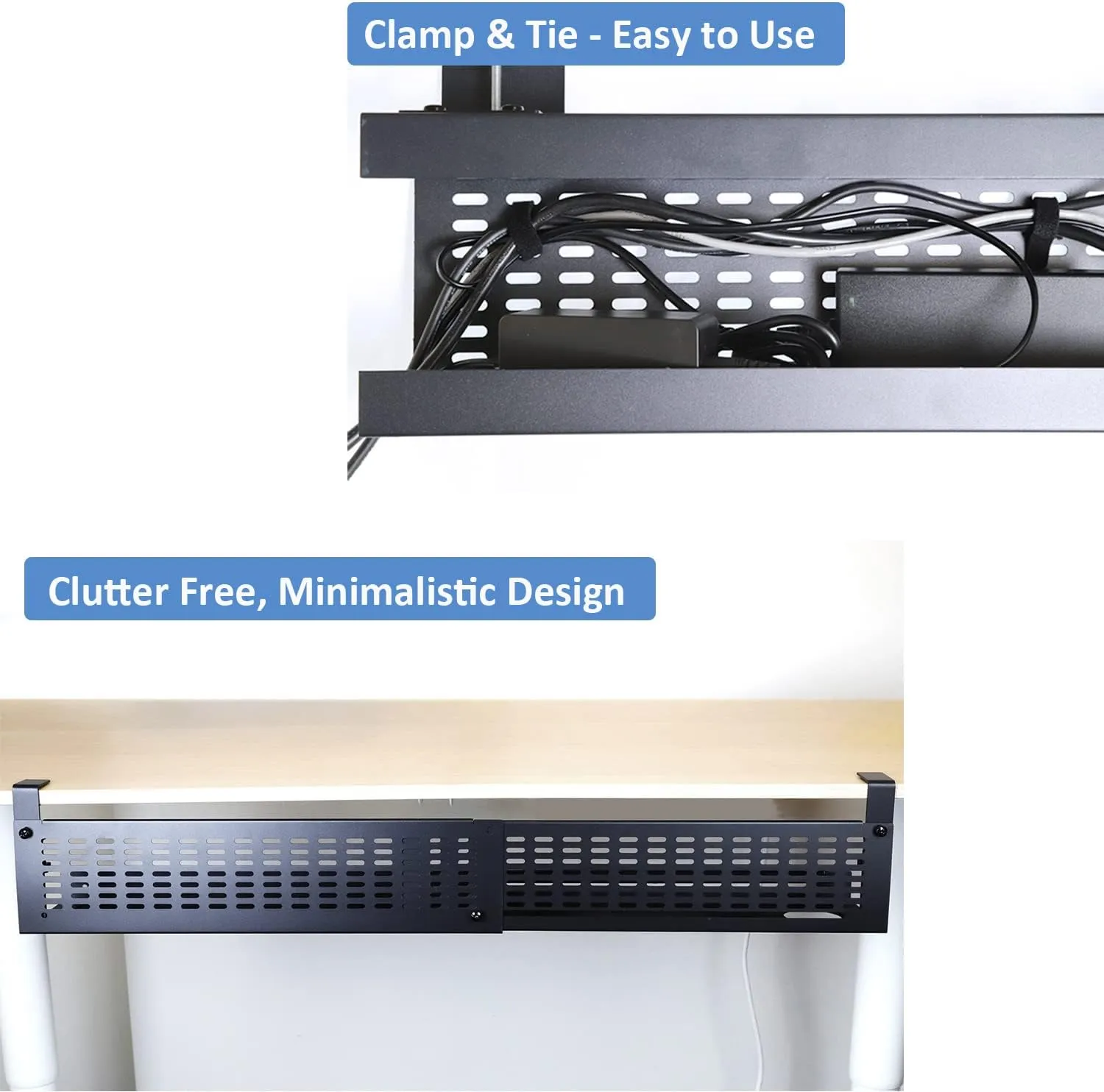 AEONS Under Desk Cable Management Tray Kit - Horizontal Adjustable up to 41' Desk Organizer with Removable C Clamp Mount, Reversible Computer Cord Raceway and Modesty Panel, Black