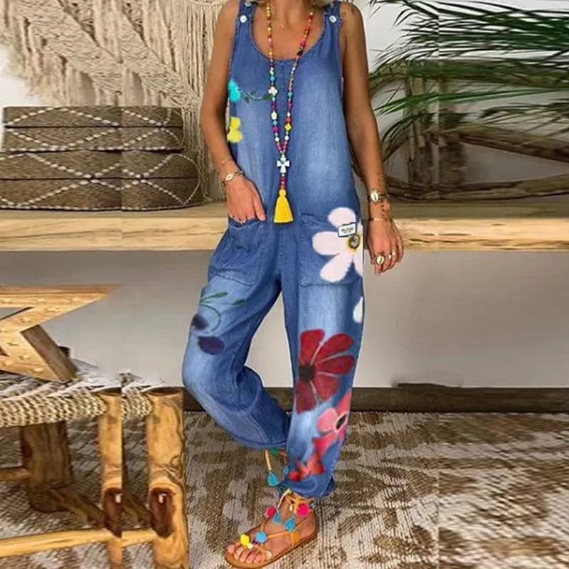 Akivide Women's Denim Baggy Overalls Floral Print Summer Casual Loose Jean Pants Jumpsuits with Pockets Plus Size