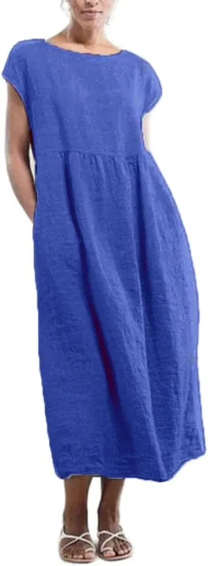 Akivide Women's Flowy Cotton Linen Dress Summer Beach Casual Loose Sleeveless Crewneck Baggy Long Dress with Pockets