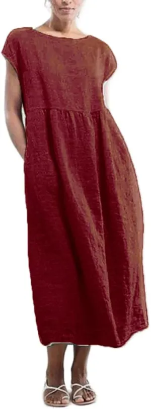 Akivide Women's Flowy Cotton Linen Dress Summer Beach Casual Loose Sleeveless Crewneck Baggy Long Dress with Pockets