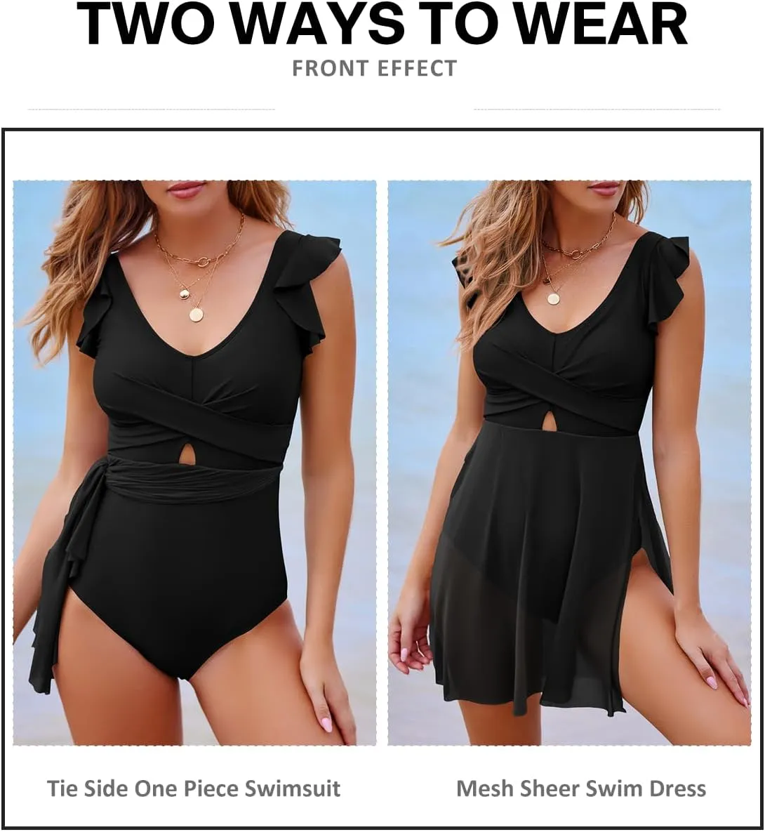 Aleumdr Women's One Piece Swimdress Ruffle Tummy Control Skirt Swimsuit Cross Wrap Cutout Split Hem Swim Dresses